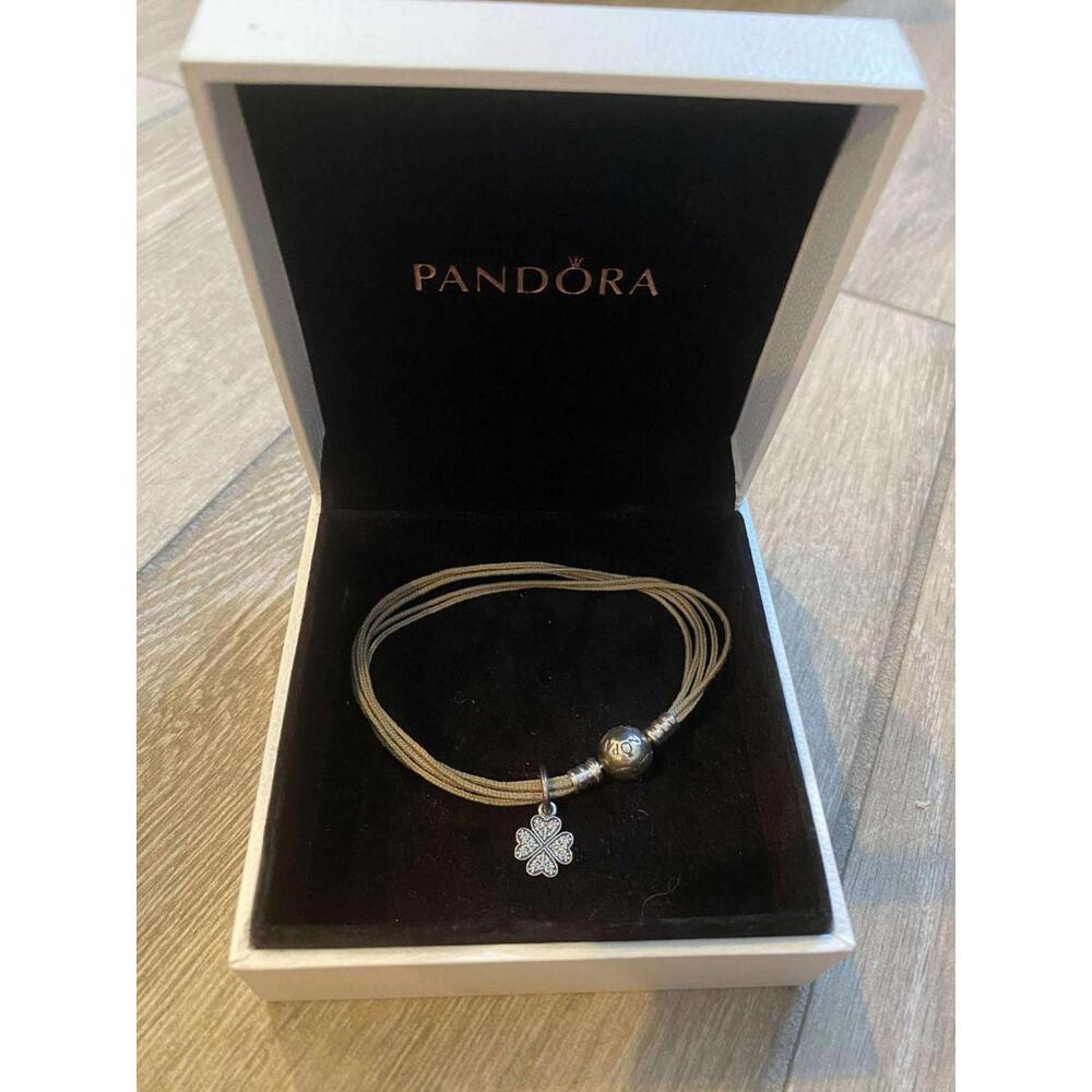 Pandora Multi Strand Bracelet With  Pave Crystal Four Leaf Clover  Pendant